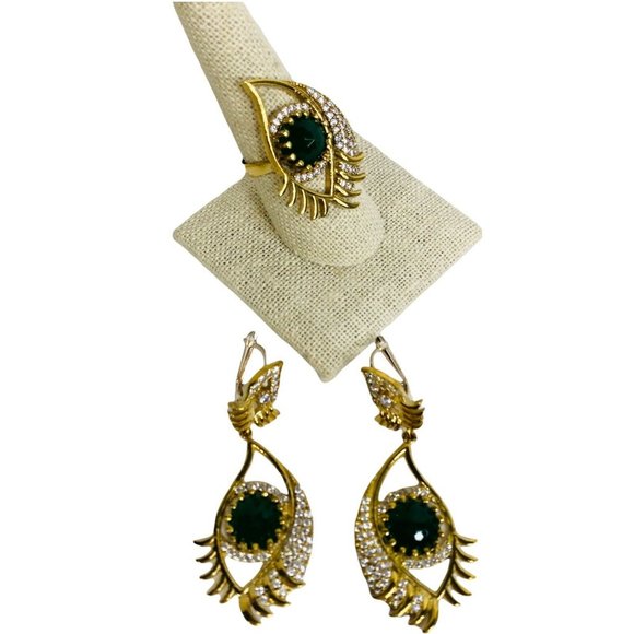 Turkish Handmade Hamsa 925 Silver Green CZ Stone Womens Earring And Ring Set New - Picture 2 of 7